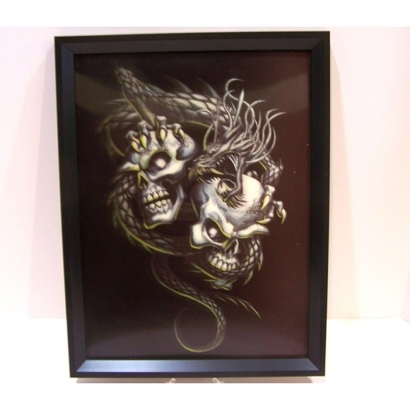 Other - Vintage Holographic Skulls Dragon Psychedelic Illusion Framed Picture Art 13X16